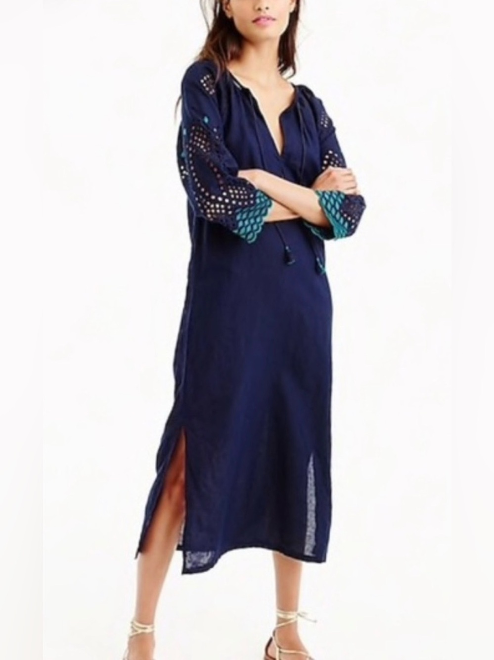 J. Crew Factory Embroidered Cover up Caftan Eyelet Navy Blue Green  Semi Sheer M